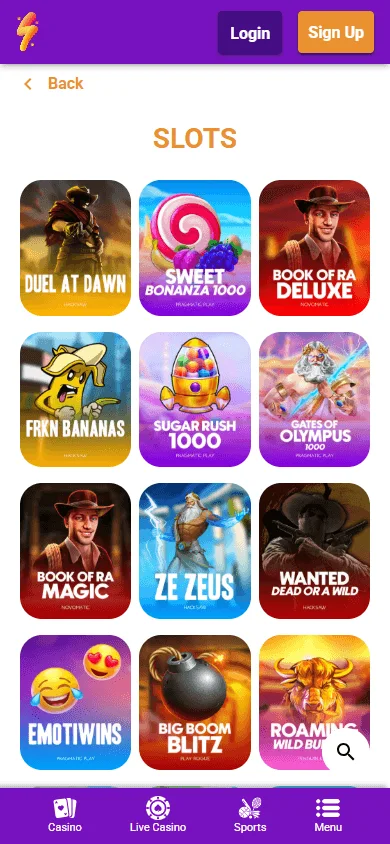 Partyspins Casino games area on a mobile device