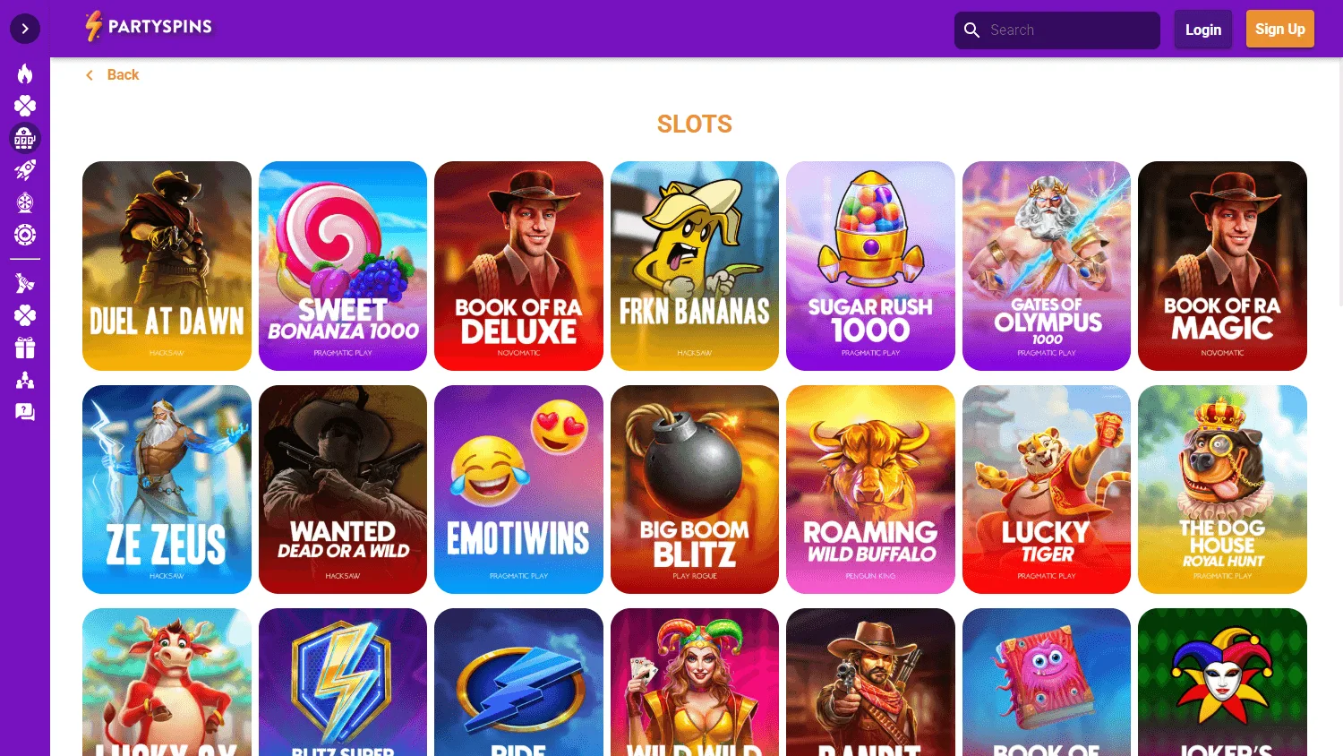 Partyspins Casino games area on desktop