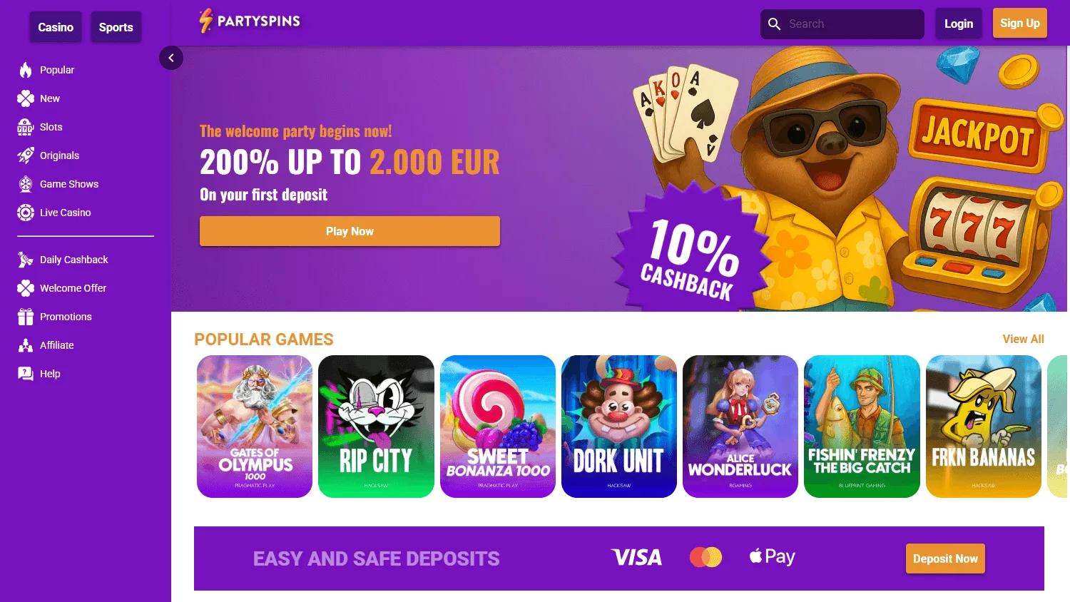 Partyspins Casino home on desktop