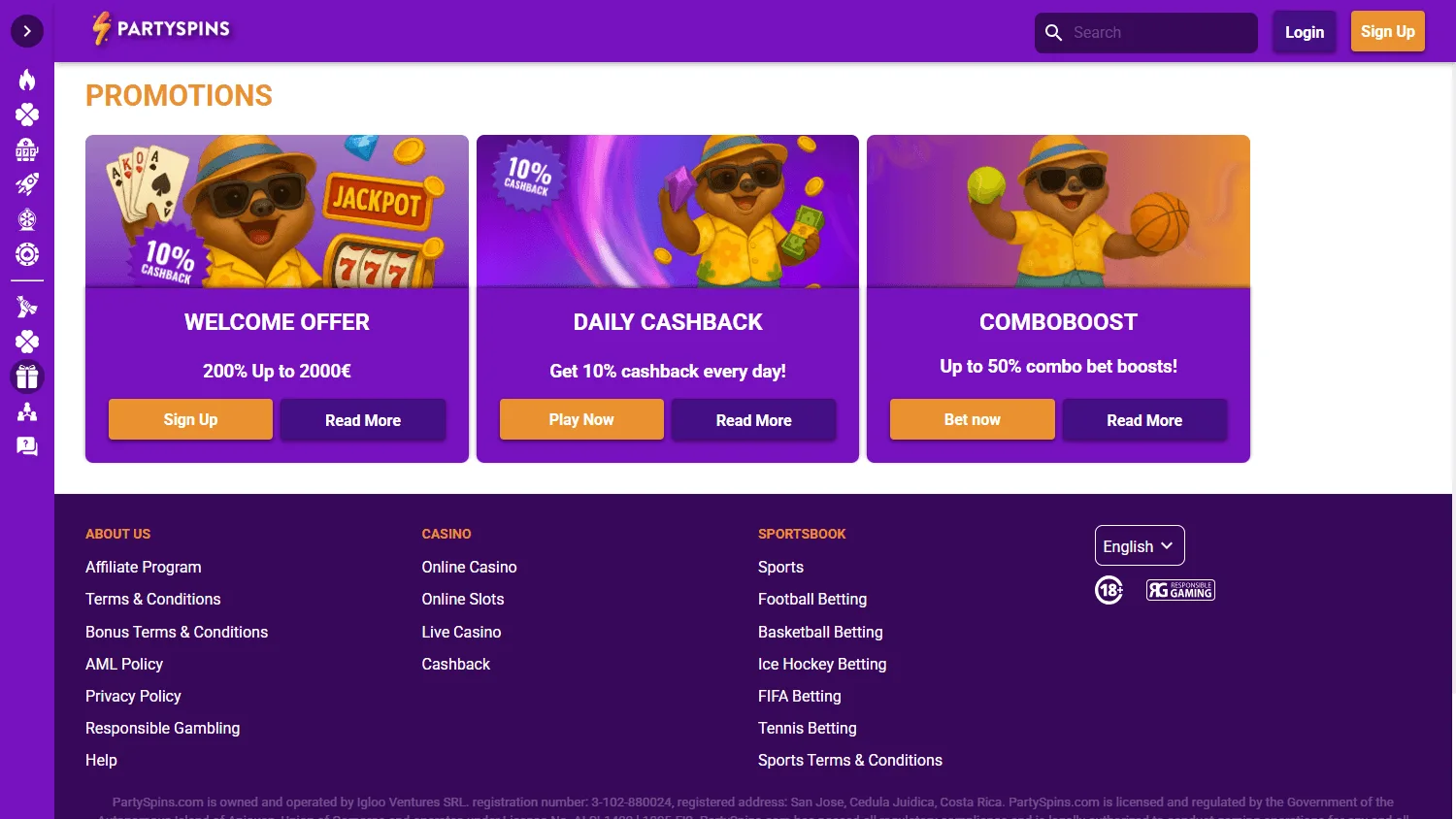 Partyspins Casino promotions area on desktop